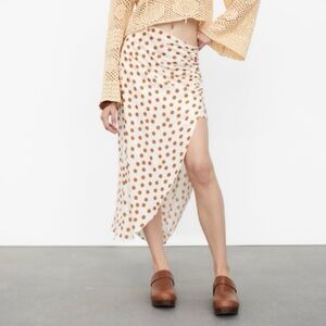 Zara White and Brown Polka Dot Midi Skirt